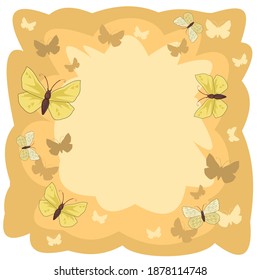 Abstract background with butterflies and flowers. Cartoon flat style. Girlish or childish. Soft rounded clouds. Composition with square proportions. Isolated over white background. Illustration vector