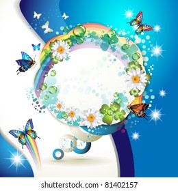Abstract background with butterflies, flowers, rainbow and drops of water