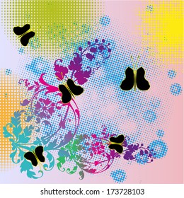 Abstract background with butterflies fluttering around vegetation vector illustration
