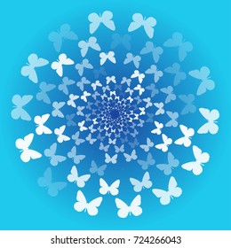 Abstract background of butterflies flying in a circle. Blue, cold.