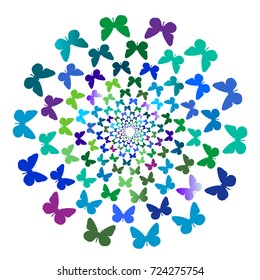Abstract background of butterflies flying in a circle. Blue, cold.