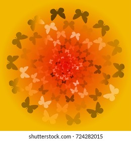 Abstract background of butterflies flying in a circle. Orange, yellow, warm, pattern, movement.