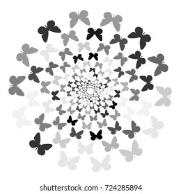 Abstract background of butterflies flying in a circle. Black, white, pattern, movement.