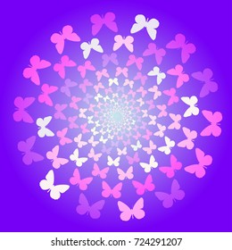 Abstract background of butterflies flying in a circle. Blue, purple, pink, pattern, movement.