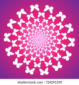 Abstract background of butterflies flying in a circle. Blue, purple, pink, pattern, movement.