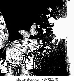 Abstract background with butterflies and ink blots. Vector illustration.