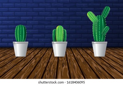 abstract background of cactus in pot on wooden board and wall brick