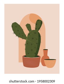Abstract background with a cactus and pots. Vector illustration