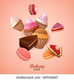 Abstract background with cakes, cupcakes and macaroons.