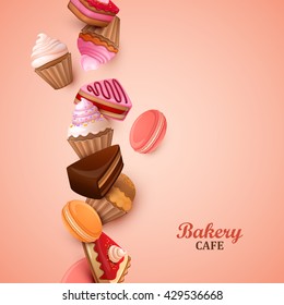 Abstract background with cakes, cupcakes and macaroons.