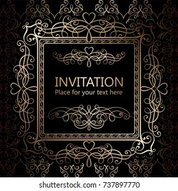 Abstract background with calligraphic luxury gold flourishes and vintage frame, victorian banner,wallpaper ornaments, invitation card, baroque style booklet, fashion pattern, template for design