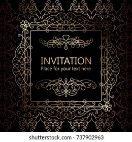Abstract background with calligraphic luxury gold flourishes and vintage frame, victorian banner,wallpaper ornaments, invitation card, baroque style booklet, fashion pattern, template for design