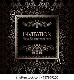 Abstract background with calligraphic luxury gold flourishes and vintage frame, victorian banner,wallpaper ornaments, invitation card, baroque style booklet, fashion pattern, template for design