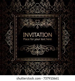 Abstract background with calligraphic luxury gold flourishes and vintage frame, victorian banner,wallpaper ornaments, invitation card, baroque style booklet, fashion pattern, template for design