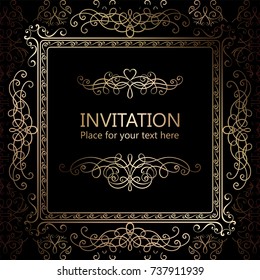 Abstract background with calligraphic luxury gold flourishes and vintage frame, victorian banner,wallpaper ornaments, invitation card, baroque style booklet, fashion pattern, template for design