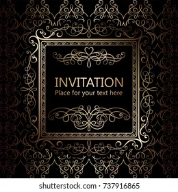 Abstract background with calligraphic luxury gold flourishes and vintage frame, victorian banner,wallpaper ornaments, invitation card, baroque style booklet, fashion pattern, template for design