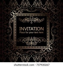 Abstract background with calligraphic luxury gold flourishes and vintage frame, victorian banner,wallpaper ornaments, invitation card, baroque style booklet, fashion pattern 