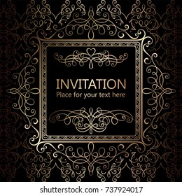 Abstract background with calligraphic luxury gold flourishes and vintage frame, victorian banner,wallpaper ornaments, invitation card, baroque style booklet, fashion pattern, template for design