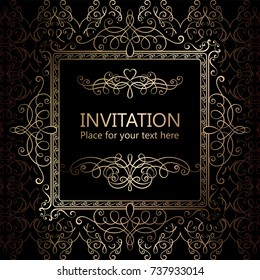 Abstract background with calligraphic luxury gold flourishes and vintage frame, victorian banner,wallpaper ornaments, invitation card, baroque style booklet, fashion pattern, template for design