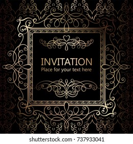 Abstract background with calligraphic luxury gold flourishes and vintage frame, victorian banner,wallpaper ornaments, invitation card, baroque style booklet, fashion pattern, template for design