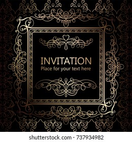 Abstract background with calligraphic luxury gold flourishes and vintage frame, victorian banner,wallpaper ornaments, invitation card, baroque style booklet, fashion pattern, template for design