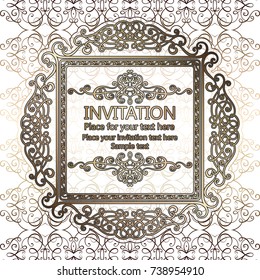 Abstract background with calligraphic luxury gold flourishes and vintage frame, victorian banner,wallpaper ornaments, invitation card, baroque style booklet, fashion pattern, template for design