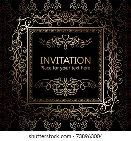 Abstract background with calligraphic luxury gold flourishes and vintage frame, victorian banner,wallpaper ornaments, invitation card, baroque style booklet, fashion pattern, template for design