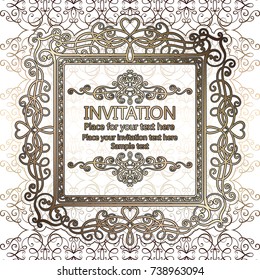 Abstract background with calligraphic luxury gold flourishes and vintage frame, victorian banner,wallpaper ornaments, invitation card, baroque style booklet, fashion pattern, template for design