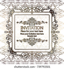 Abstract background with calligraphic luxury gold flourishes and vintage frame, victorian banner,wallpaper ornaments, invitation card, baroque style booklet, fashion pattern, template for design