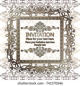 Abstract background with calligraphic luxury gold flourishes and vintage frame, victorian banner,wallpaper ornaments, invitation card, baroque style booklet, fashion pattern, template for design
