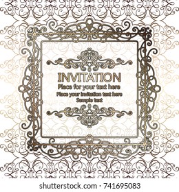 Abstract background with calligraphic luxury gold flourishes and vintage frame, victorian banner,wallpaper ornaments, invitation card, baroque style booklet, fashion pattern, template for design