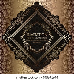 Abstract background with calligraphic luxury gold flourishes and vintage frame, victorian banner,wallpaper ornaments, invitation card, baroque style booklet, fashion pattern, template for design