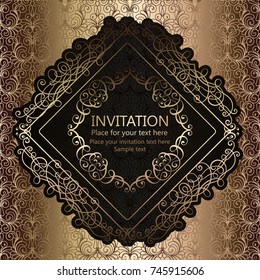Abstract background with calligraphic luxury gold flourishes and vintage frame, victorian banner,wallpaper ornaments, invitation card, baroque style booklet, fashion pattern, template for design