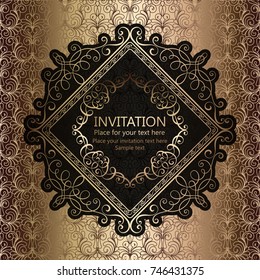 Abstract background with calligraphic luxury gold flourishes and vintage frame, victorian banner,wallpaper ornaments, invitation card, baroque style booklet, fashion pattern, template for design