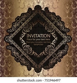Abstract background with calligraphic luxury gold flourishes and vintage frame, victorian banner,wallpaper ornaments, invitation card, baroque style booklet, fashion pattern, template for design