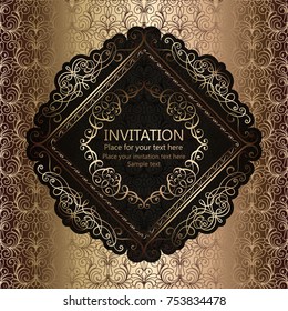 Abstract background with calligraphic luxury gold flourishes and vintage frame, victorian banner,wallpaper ornaments, invitation card, baroque style booklet, fashion pattern, template for design