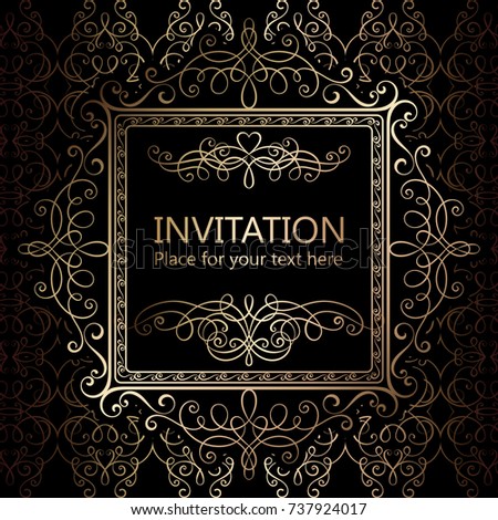 Abstract background with calligraphic luxury gold flourishes and vintage frame, victorian banner,wallpaper ornaments, invitation card, baroque style booklet, fashion pattern, template for design