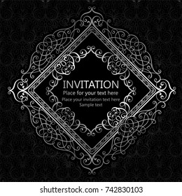 Abstract background with calligraphic luxury silver flourishes and vintage frame, victorian banner,wallpaper ornaments, invitation card, baroque style booklet, fashion pattern, template for design