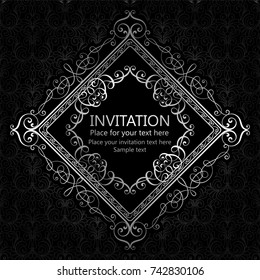 Abstract background with calligraphic luxury silver flourishes and vintage frame, victorian banner,wallpaper ornaments, invitation card, baroque style booklet, fashion pattern, template for design
