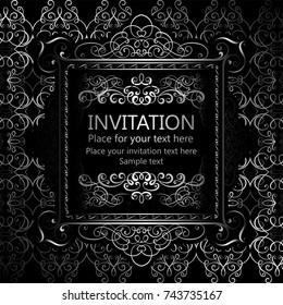 Abstract background with calligraphic luxury silver flourishes and vintage frame, victorian banner,wallpaper ornaments, invitation card, baroque style booklet, fashion pattern, template for design