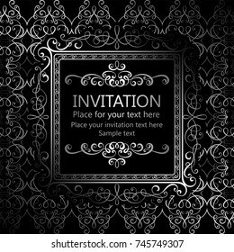 Abstract background with calligraphic luxury silver flourishes and vintage frame, victorian banner,wallpaper ornaments, invitation card, baroque style booklet, fashion pattern, template for design