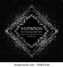 Abstract background with calligraphic luxury silver flourishes and vintage frame, victorian banner,wallpaper ornaments, invitation card, baroque style booklet, fashion pattern, template for design