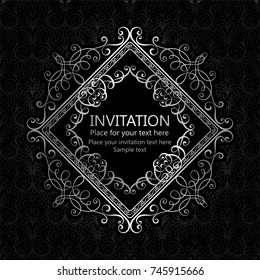 Abstract background with calligraphic luxury silver flourishes and vintage frame, victorian banner,wallpaper ornaments, invitation card, baroque style booklet, fashion pattern, template for design