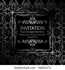 Abstract background with calligraphic luxury silver flourishes and vintage frame, victorian banner,wallpaper ornaments, invitation card, baroque style booklet, fashion pattern, template for design