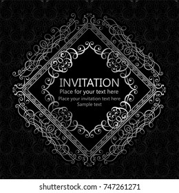 Abstract background with calligraphic luxury silver flourishes and vintage frame, victorian banner,wallpaper ornaments, invitation card, baroque style booklet, fashion pattern, template for design