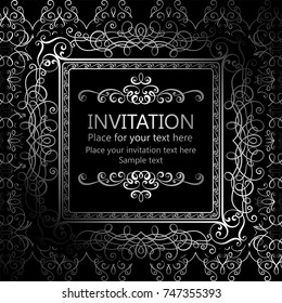Abstract background with calligraphic luxury silver flourishes and vintage frame, victorian banner,wallpaper ornaments, invitation card, baroque style booklet, fashion pattern, template for design