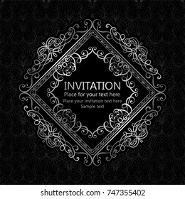 Abstract background with calligraphic luxury silver flourishes and vintage frame, victorian banner,wallpaper ornaments, invitation card, baroque style booklet, fashion pattern, template for design