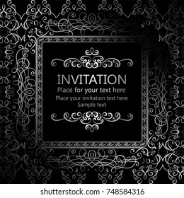 Abstract background with calligraphic luxury silver flourishes and vintage frame, victorian banner,wallpaper ornaments, invitation card, baroque style booklet, fashion pattern, template for design