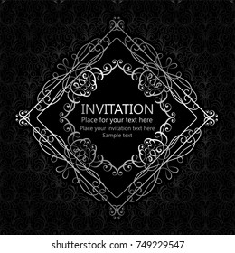 Abstract background with calligraphic luxury silver flourishes and vintage frame, victorian banner,wallpaper ornaments, invitation card, baroque style booklet, fashion pattern, template for design