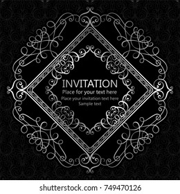 Abstract background with calligraphic luxury silver flourishes and vintage frame, victorian banner,wallpaper ornaments, invitation card, baroque style booklet, fashion pattern, template for design